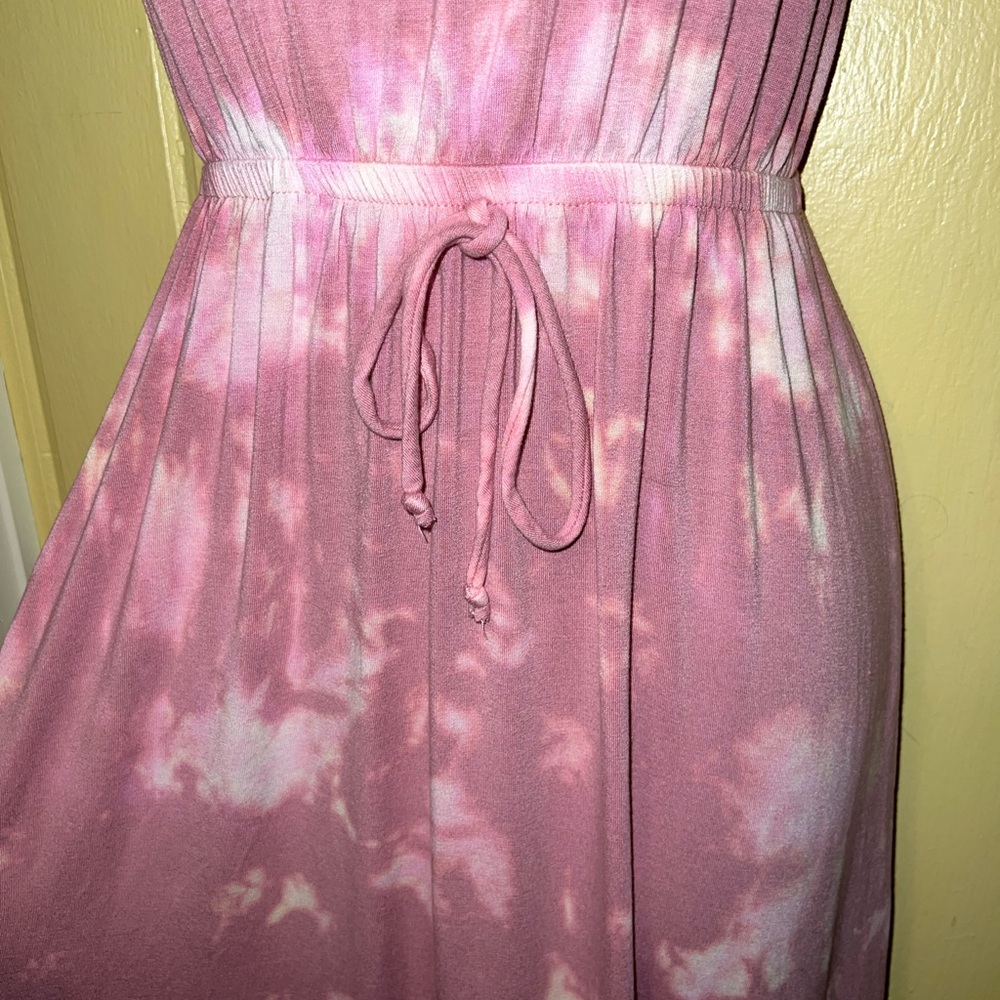 Rolla Coaster Pink & White Boho Stretchy Strapless Maxi Dress Waist Tie Size S - Picture 5 of 10